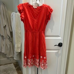 Red Ruffled Dress with Embroidered Hem